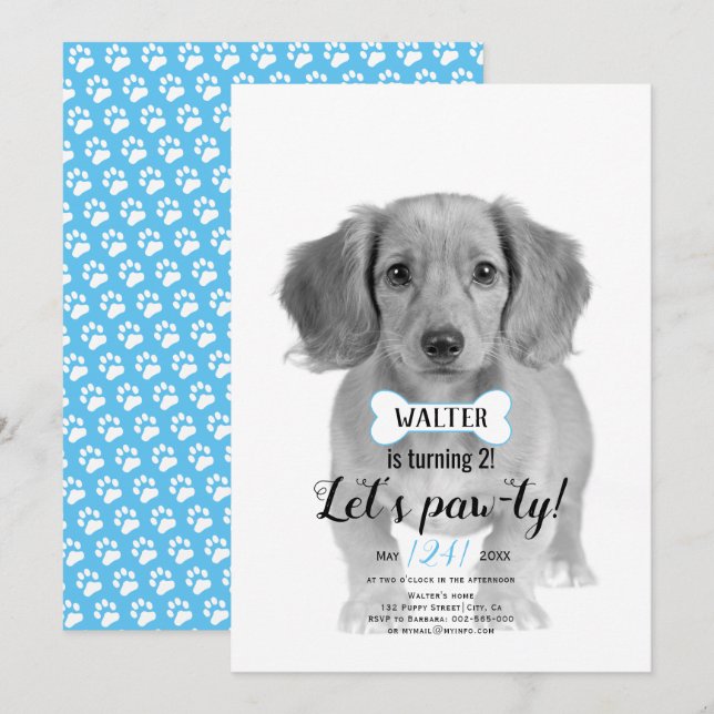 Let's Pawty! Dog pet bone blue birthday photo Invitation (Front/Back)