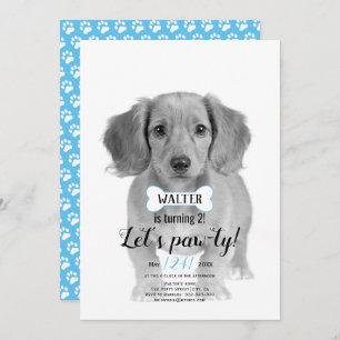 Let's Pawty! Dog pet bone blue birthday photo Invitation