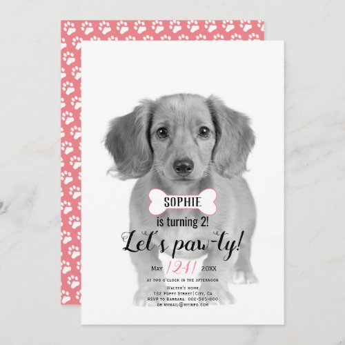 Lets Pawty Dog pet bone pink birthday photo Invitation