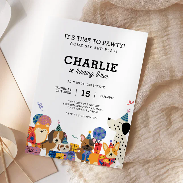 Lets Pawty Dog Puppy Birthday Party Invitation | Zazzle