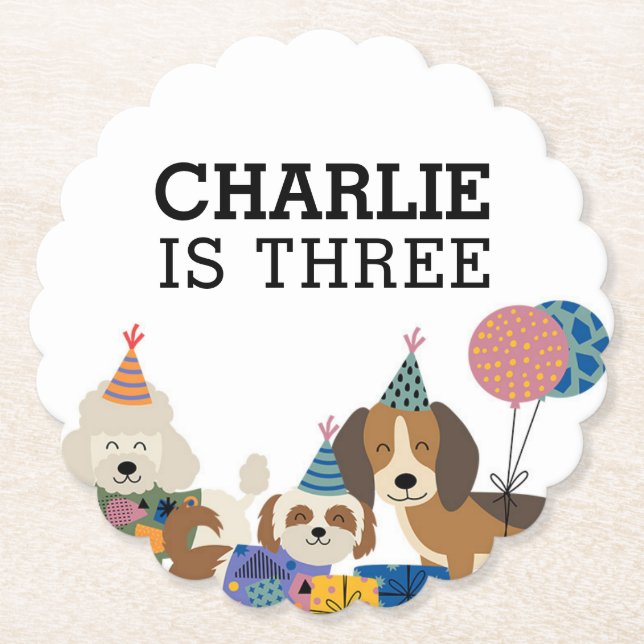 Lets Pawty Dog Puppy Birthday Party Paper Coaster (Front)