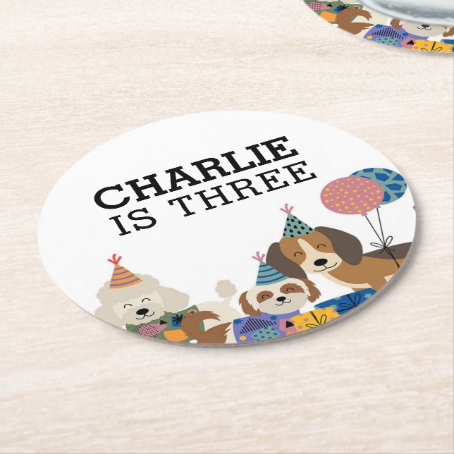 Lets Pawty Dog Puppy Birthday Party Round Paper Coaster (Angled)