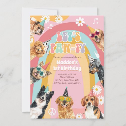 Lets Pawty Dog Retro Groovy Girl Birthday Invitation