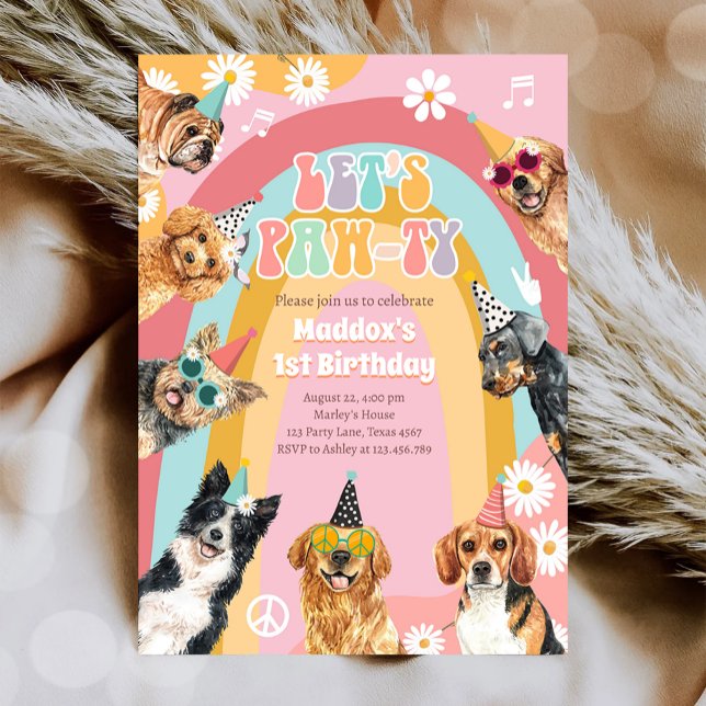 Let's Pawty Dog Retro Groovy Girl Birthday Invitation (Creator Uploaded)