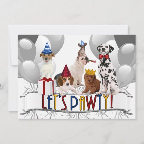 Lets PAWty Dogs in Grayscale Birthday Party Invitation