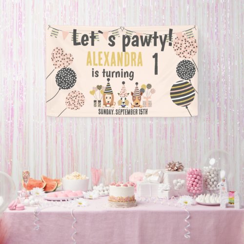 Lets pawty Dogs with hats balloons Birthday Banner