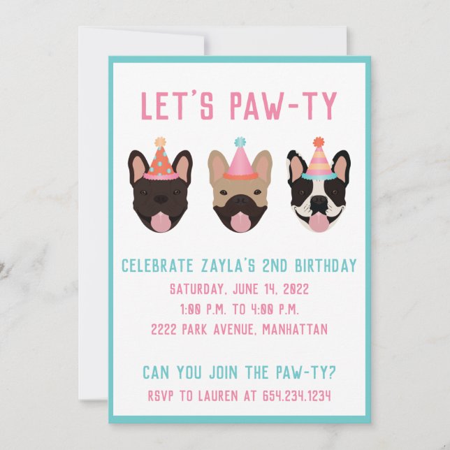 Lets Pawty French Bulldog Party Hats Invitation (Front)