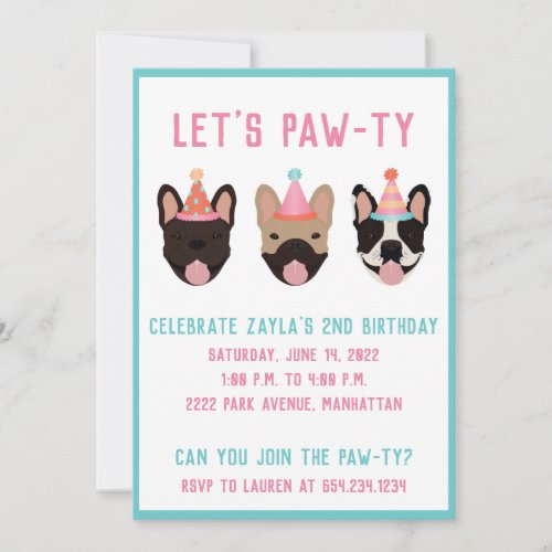 Lets Pawty French Bulldog Party Hats Invitation