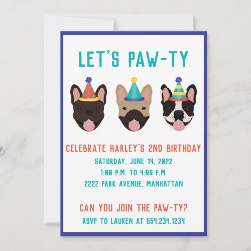 Lets Pawty French Bulldog Party Hats Invitation