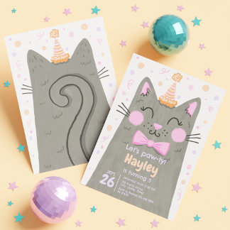 Lets Pawty Grey Cute Kitty Cat Face Birthday Party Invitation