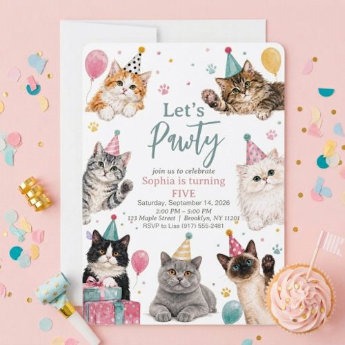 Let's Pawty Kitten Birthday Party Cat Invitation