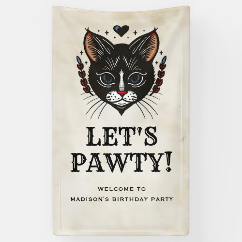 Lets Pawty Kitten Cat Rockabilly Birthday Welcome Banner