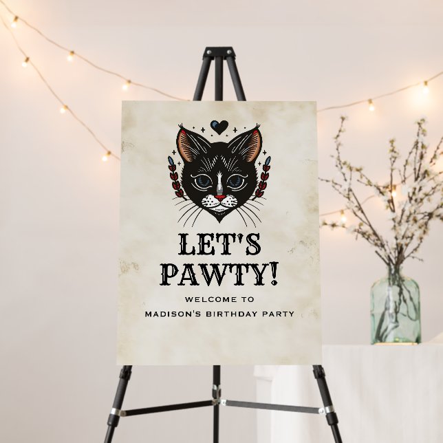 Let's Pawty Kitten Cat Rockabilly Birthday Welcome Foam Board (In Situ (Stand))