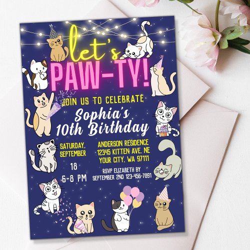 Lets Pawty Neon Pink Glow Cute Kittens Cats Party Invitation