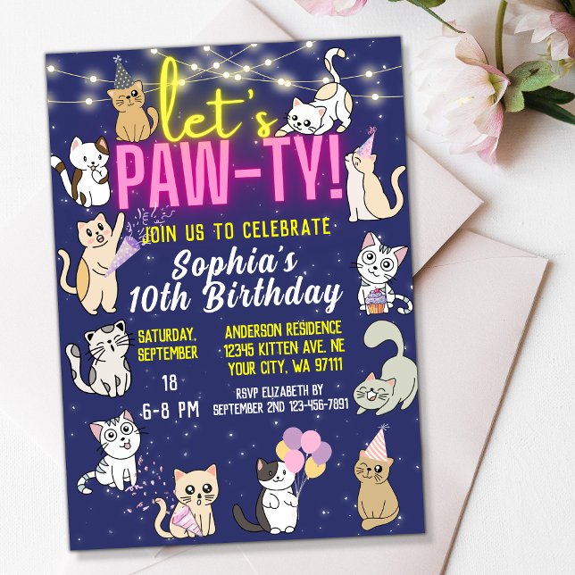 Let's Pawty Neon Pink Glow Cute Kittens Cats Party Invitation (Creator Uploaded)