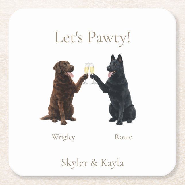 Let's Pawty! Personalized 2 Pets Toasting Wedding Square Paper Coaster (Front)