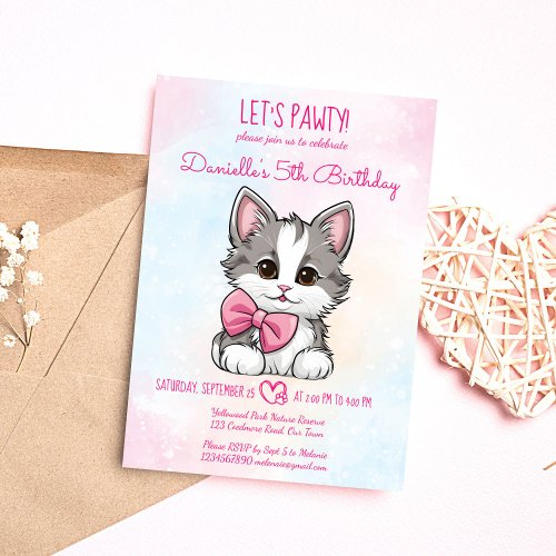 Lets pawty pink cute kitten cat birthday invitation