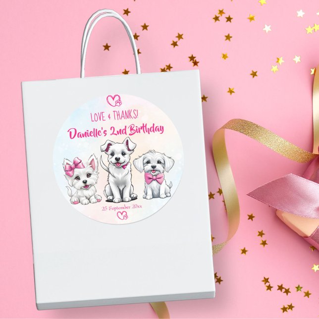 Let's pawty pink cute puppies birthday favor classic round sticker (Let's pawty cute puppies pink  bows girls birthday party thank you favor sticker dog themed favors)