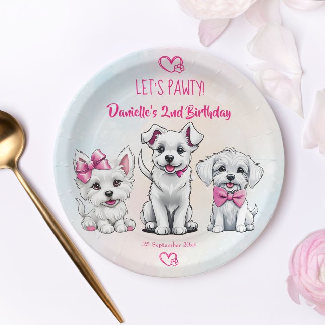 Let's pawty pink cute puppies birthday printed paper plates (Let's pawty cute puppies pink bows birthday printed paper plates personalized plates table decor)