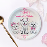 Let's pawty pink cute puppies birthday printed paper plates<br><div class="desc">Let's pawty white and pink cute white puppies with pink bows Girl's birthday party printed plates template personalized puppy dogs themed birthday party tableware personalized party plates</div>