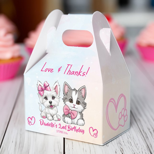 Let's pawty pink cute puppy and kitty birthday favor boxes (Let's pawty pink cute puppy and kitty birthday party personalized printed favor box pets party favor)