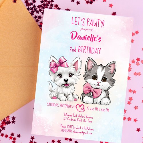Lets pawty pink cute puppy and kitty birthday invitation