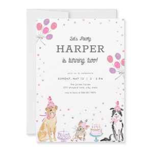 Let's Pawty Pink Girl Dog Birthday Invitation