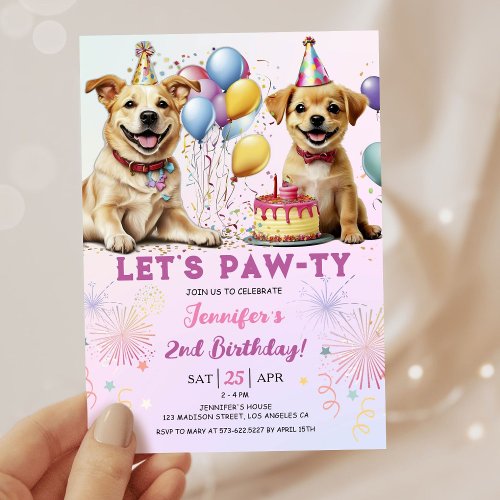 Lets Pawty Puppy Birthday Party Girl 2nd Birthday Invitation