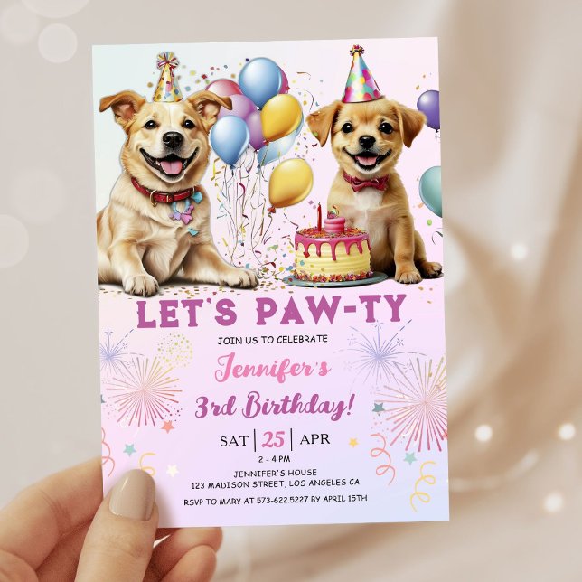 Lets Pawty Puppy Birthday Party Girl 3rd Birthday Invitation (Creator Uploaded)