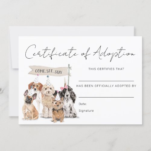 Lets Pawty Puppy Dog Adoption Certificate Card