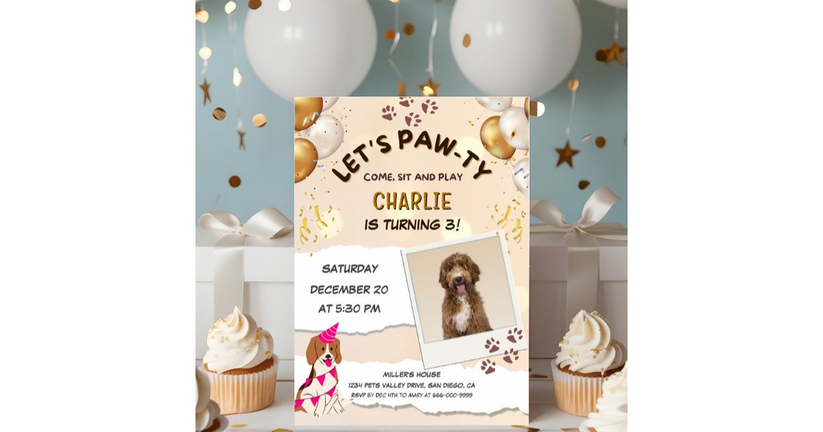 Lets Pawty Puppy Dog Birthday Party Photo Invitation | Zazzle