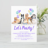 Lets Pawty Puppy Dog Birthday Party Purple Girl Invitation (Standing Front)