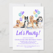 Lets Pawty Puppy Dog Birthday Party Purple Girl Invitation (Front)