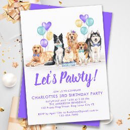 Lets Pawty Puppy Dog Birthday Party Purple Girl Invitation