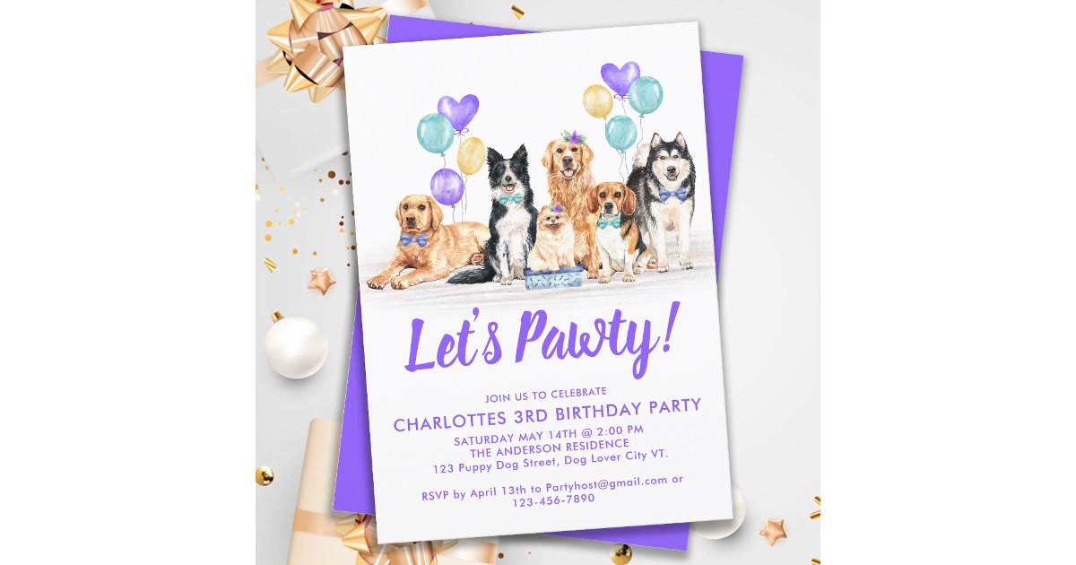 Lets Pawty Puppy Dog Birthday Party Purple Girl Invitation | Zazzle