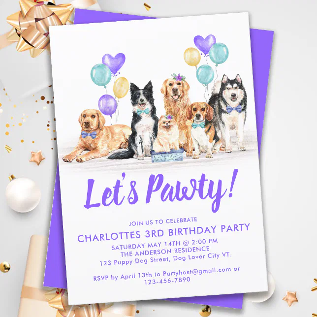 Lets Pawty Puppy Dog Birthday Party Purple Girl Invitation | Zazzle