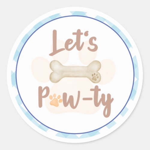 Lets Pawty Puppy Dog Birthday Sticker Blue Plaid