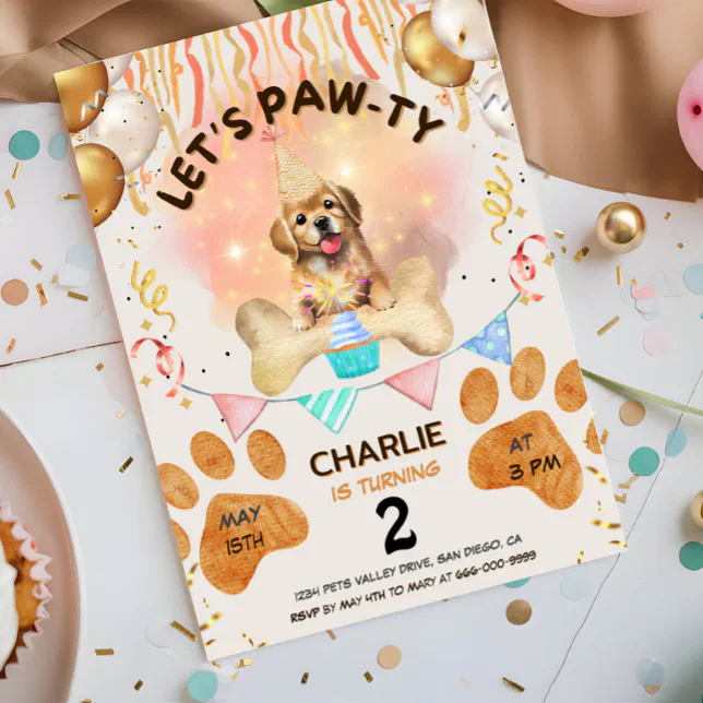 Lets Pawty Puppy Dog Watercolor Birthday Party Invitation | Zazzle