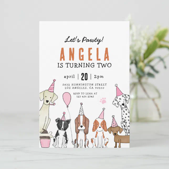 Lets Pawty Puppy Pawty Dog girl Birthday Invitation | Zazzle
