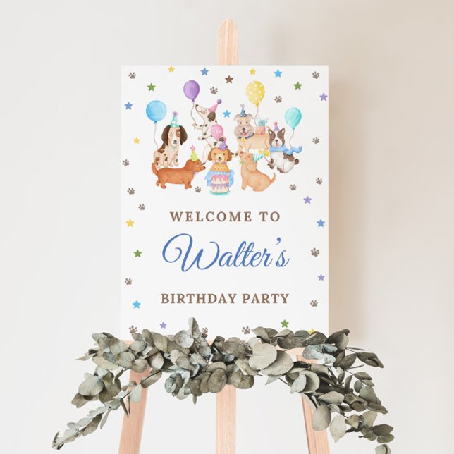 Let's Pawty Puppy Welcome Sign Dog Birthday Party (Welcome guests with this cute Let’s Pawty puppy sign for a boy dog birthday party.)