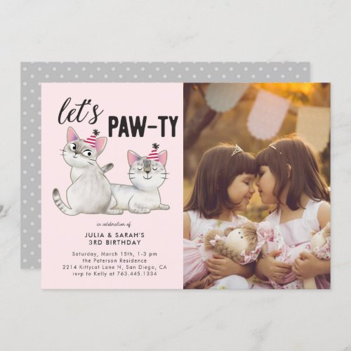Lets Pawty  Twins Joint Birthday Party Photo Invitation