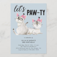 Lets Pawty Twins Joint Cat Theme Birthday Party Invitation