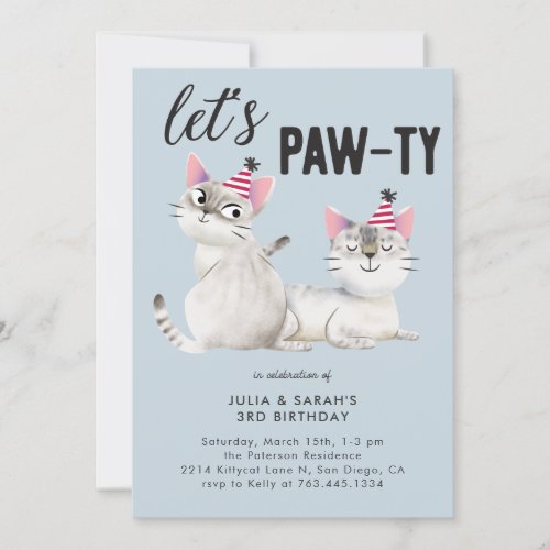 Lets Pawty Twins Joint Cat Theme Birthday Party Invitation