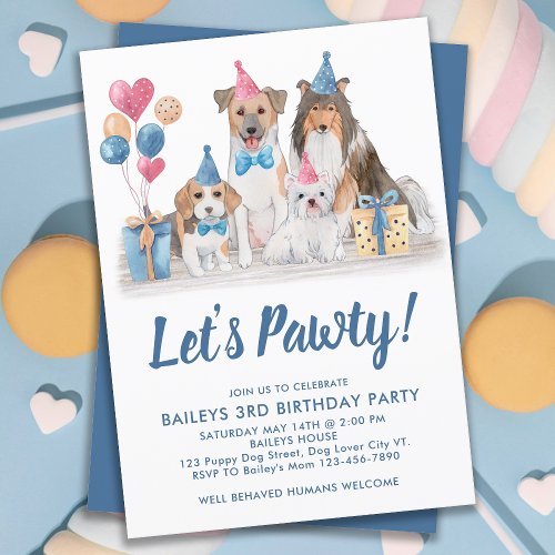 Lets Pawty Watercolor Puppy Party Dog Birthday Invitation