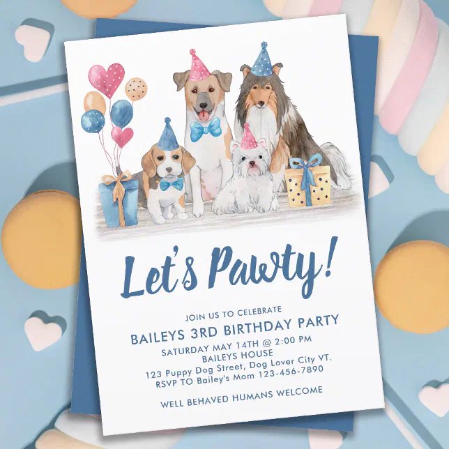 Let's Pawty Watercolor Puppy Party Dog Birthday Invitation | Zazzle