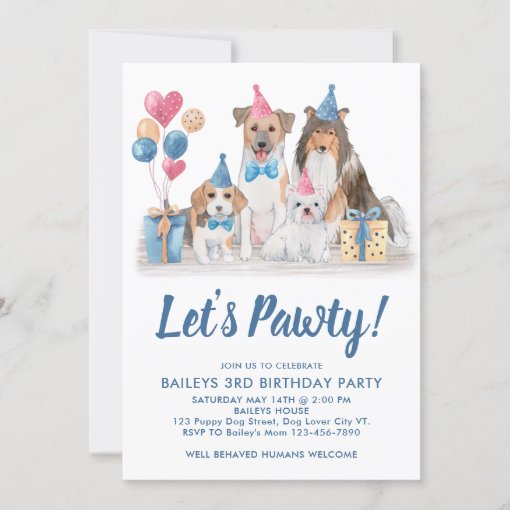Let's Pawty Watercolor Puppy Party Dog Birthday Invitation | Zazzle