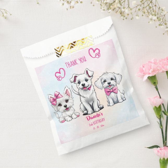 Let's pawty white pink cute puppies birthday favor bag (Sealed)