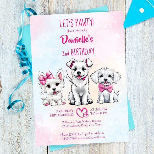 Let's pawty white pink cute puppies birthday invitation (Let's pawty cute  white pink bow puppies dog theme girls birthday invitation template download)