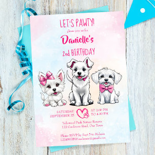 Let's pawty white pink cute puppies birthday invitation