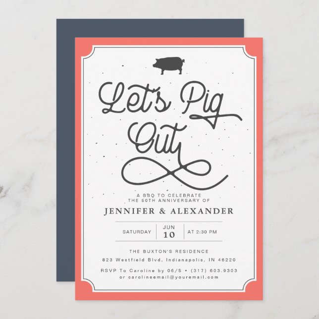 Let's Pig Out Coral Navy BBQ Anniversary Party Invitation (Front/Back)